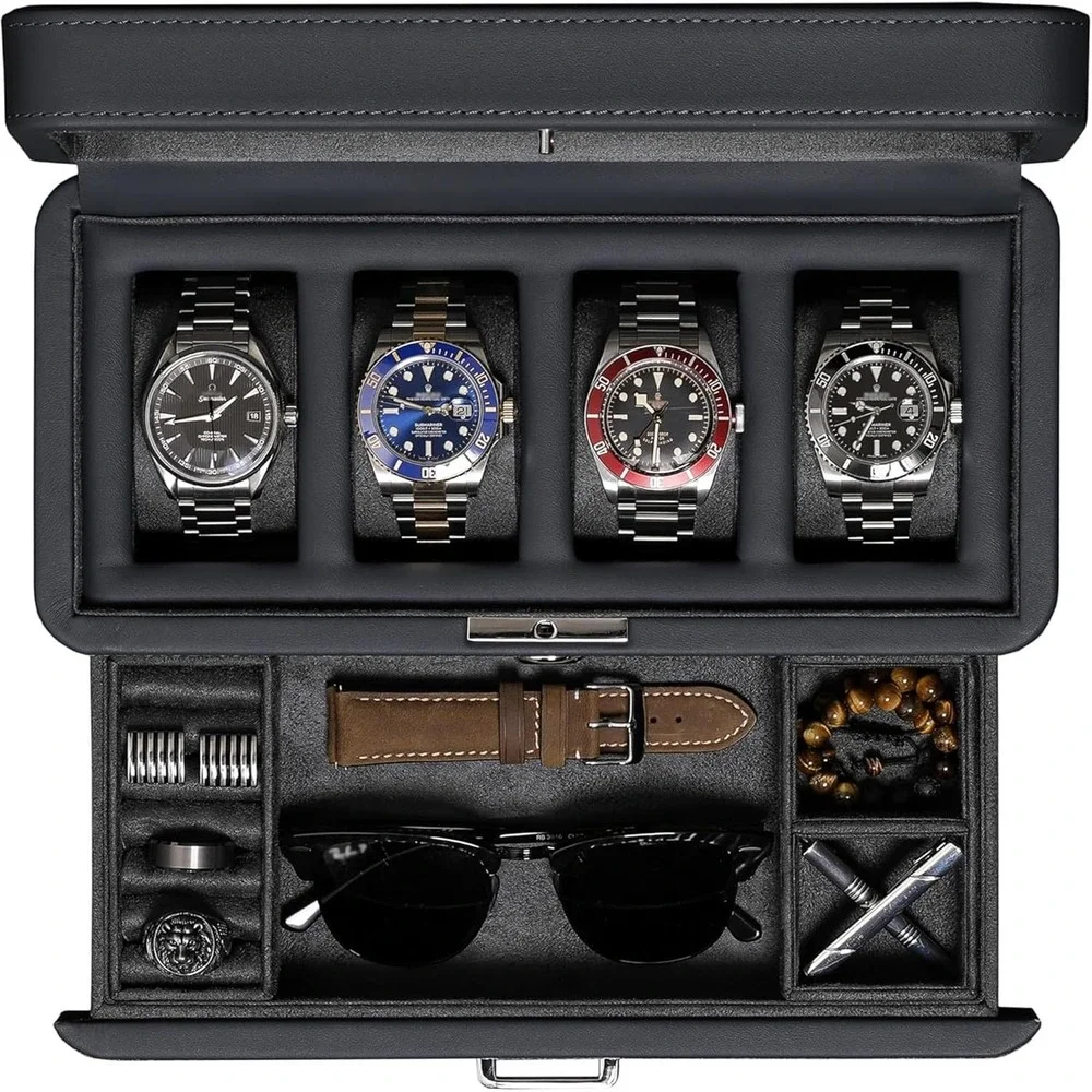 Watch Box Organizer ROTHWELL 4 Slot Carbon Leather Valet Drawer Glass Lid